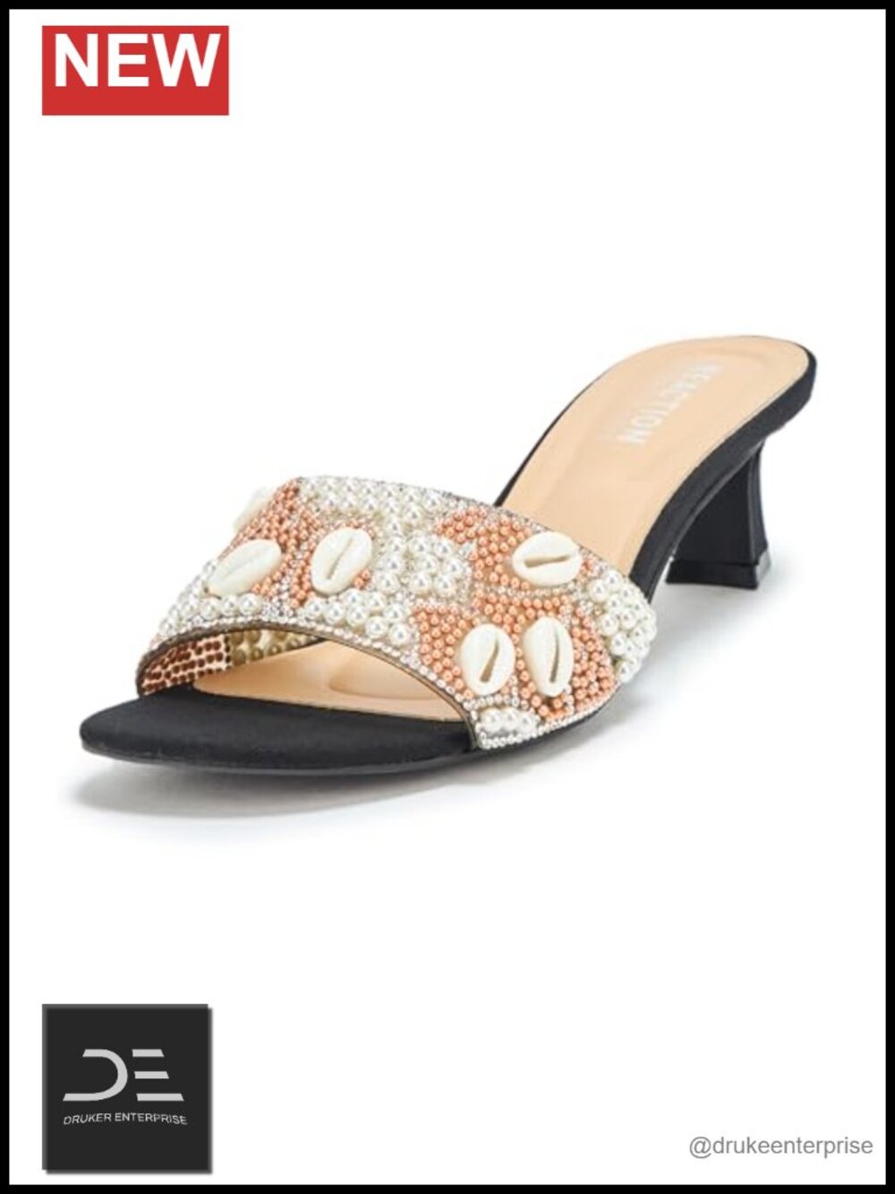 Heeled Slide Sandals with Beaded Shell Accents